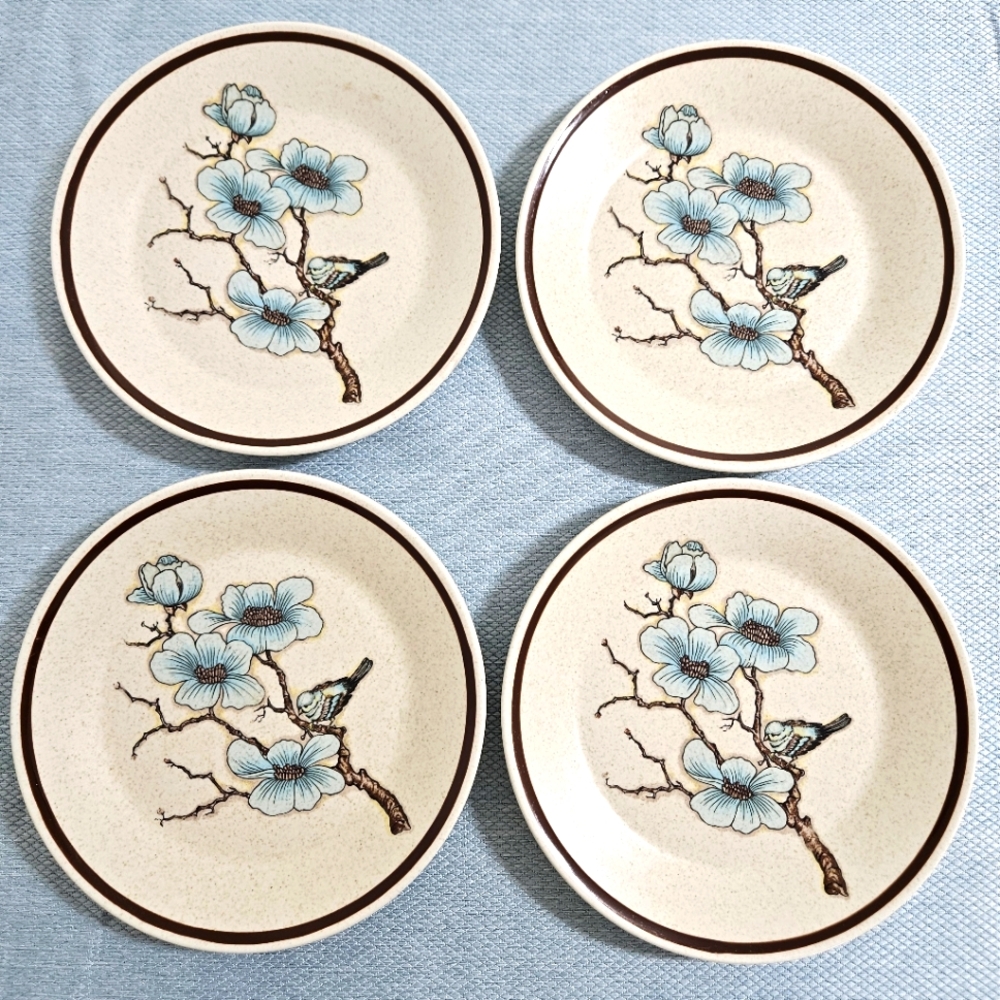 Vintage LENOX Softwind (4) Salad Plates 1970s USA Floral Boho Blue Tan‎ 6" EUC